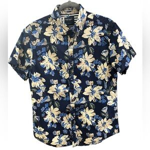 Denim & Flower Ricky Singh Hawaiian Button Men’s Shirt M Floral Blue Tan Green